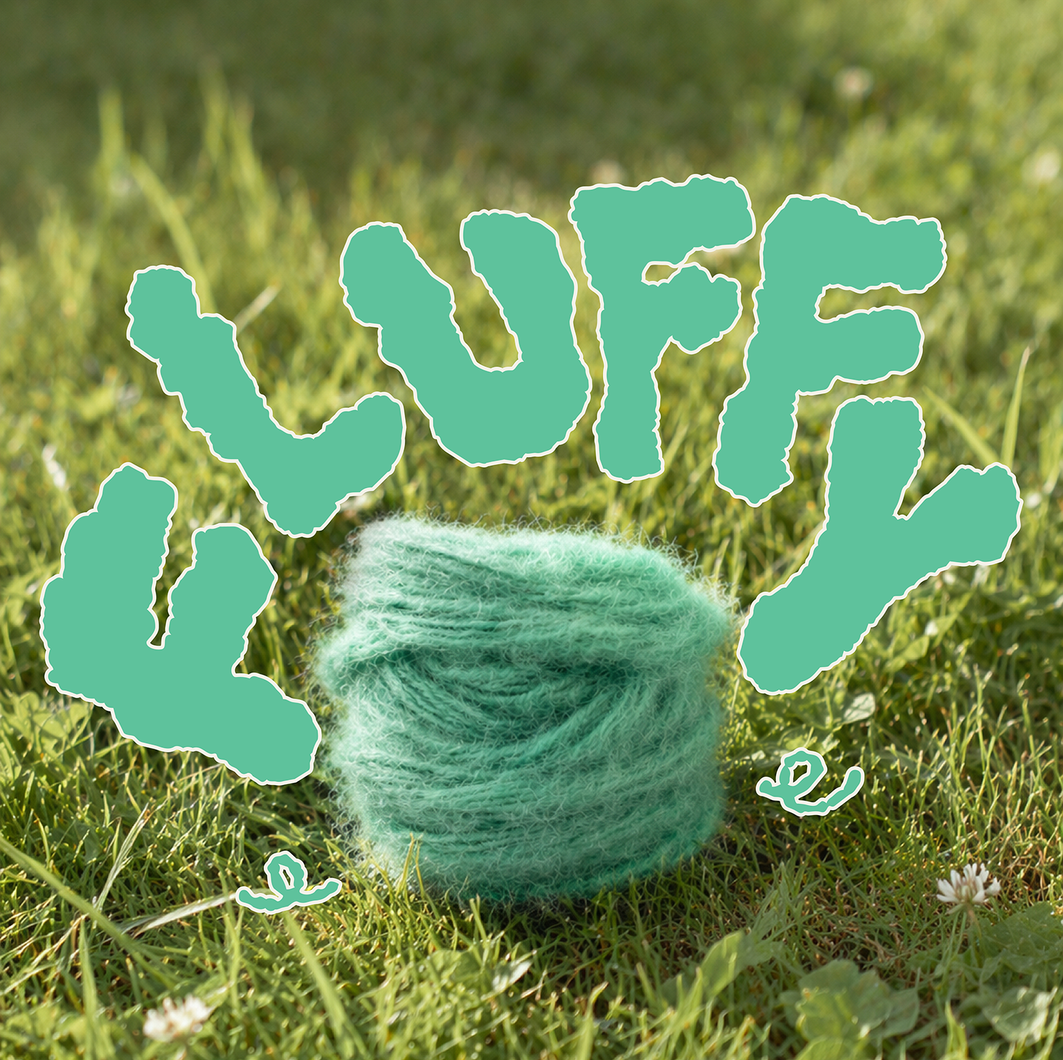 Green yarn ball on grass with 'Fluffy' branding