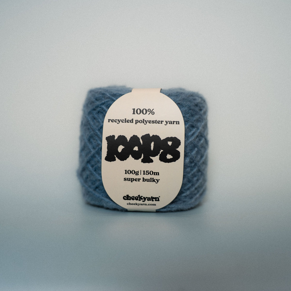 washed denim super chunky recycled yarn, 100g ball of loop 8 by cheekyarn