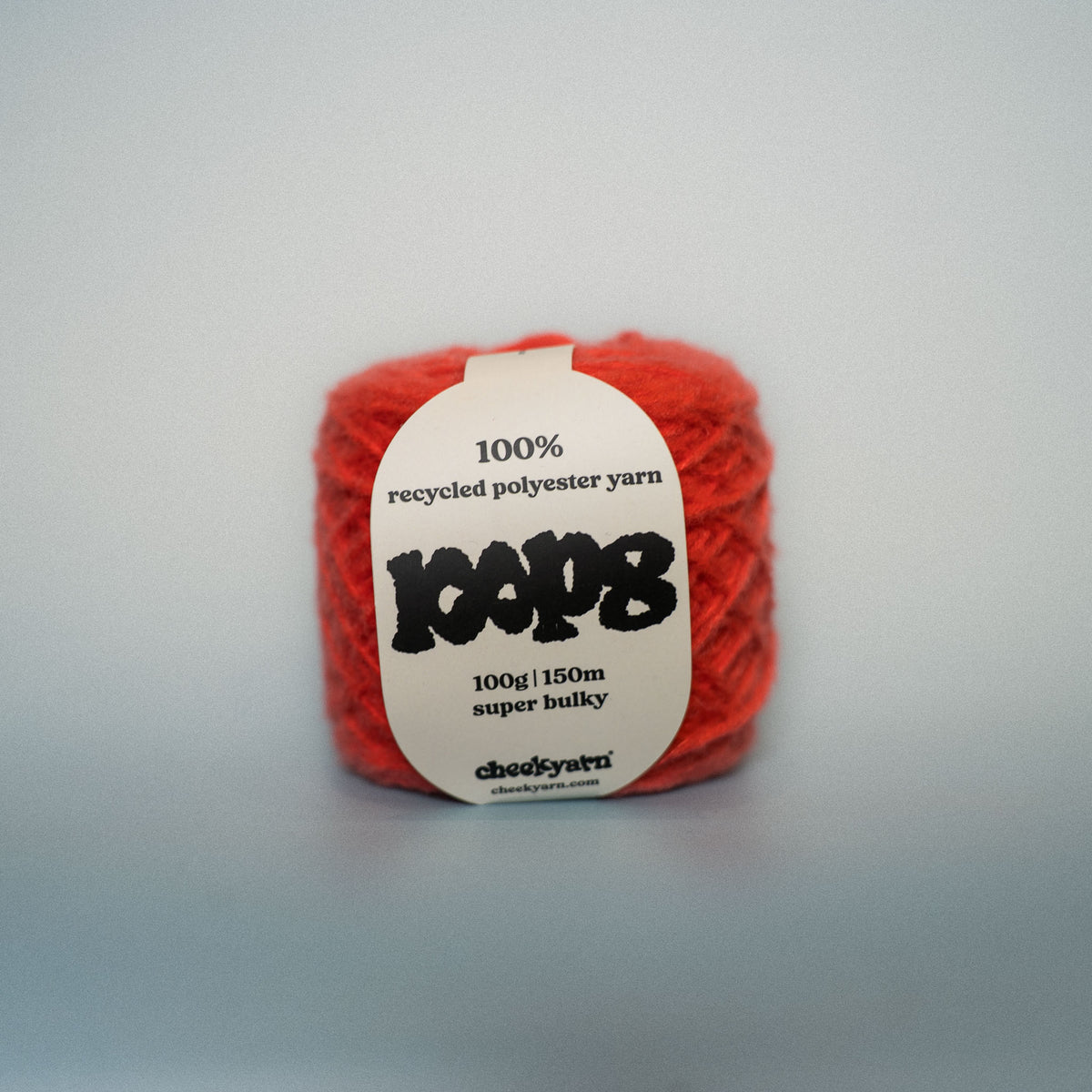 bus stop ketchup super chunky recycled yarn, 100g ball of loop 8 by cheekyarn