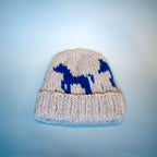 ennis beanie in cream with blue horse motif, knitted in loop 8 recycled yarn