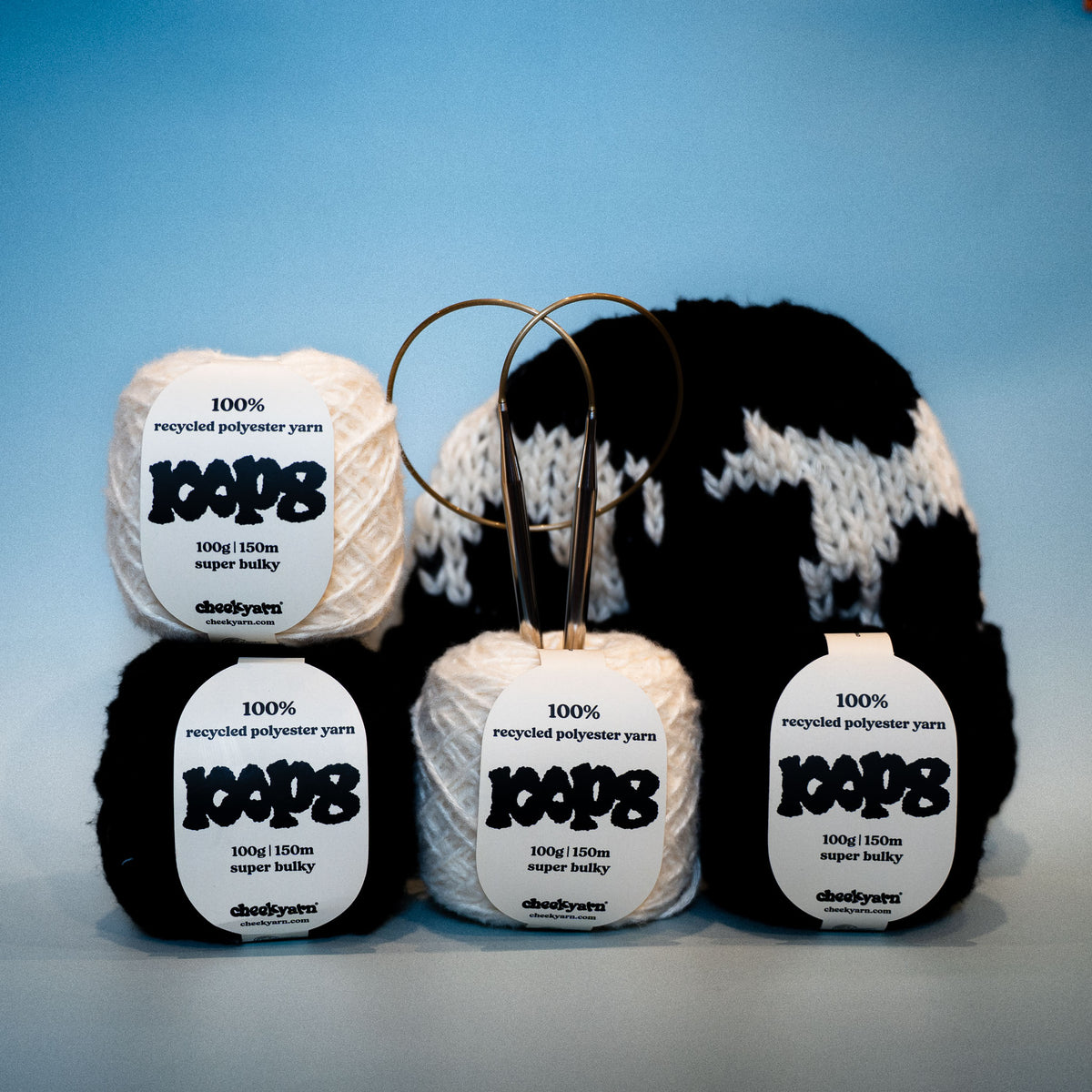 black and white ennis beanie with the yarn and needles from the kit