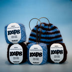 striped ennis beanie with the yarn and needles from the kit