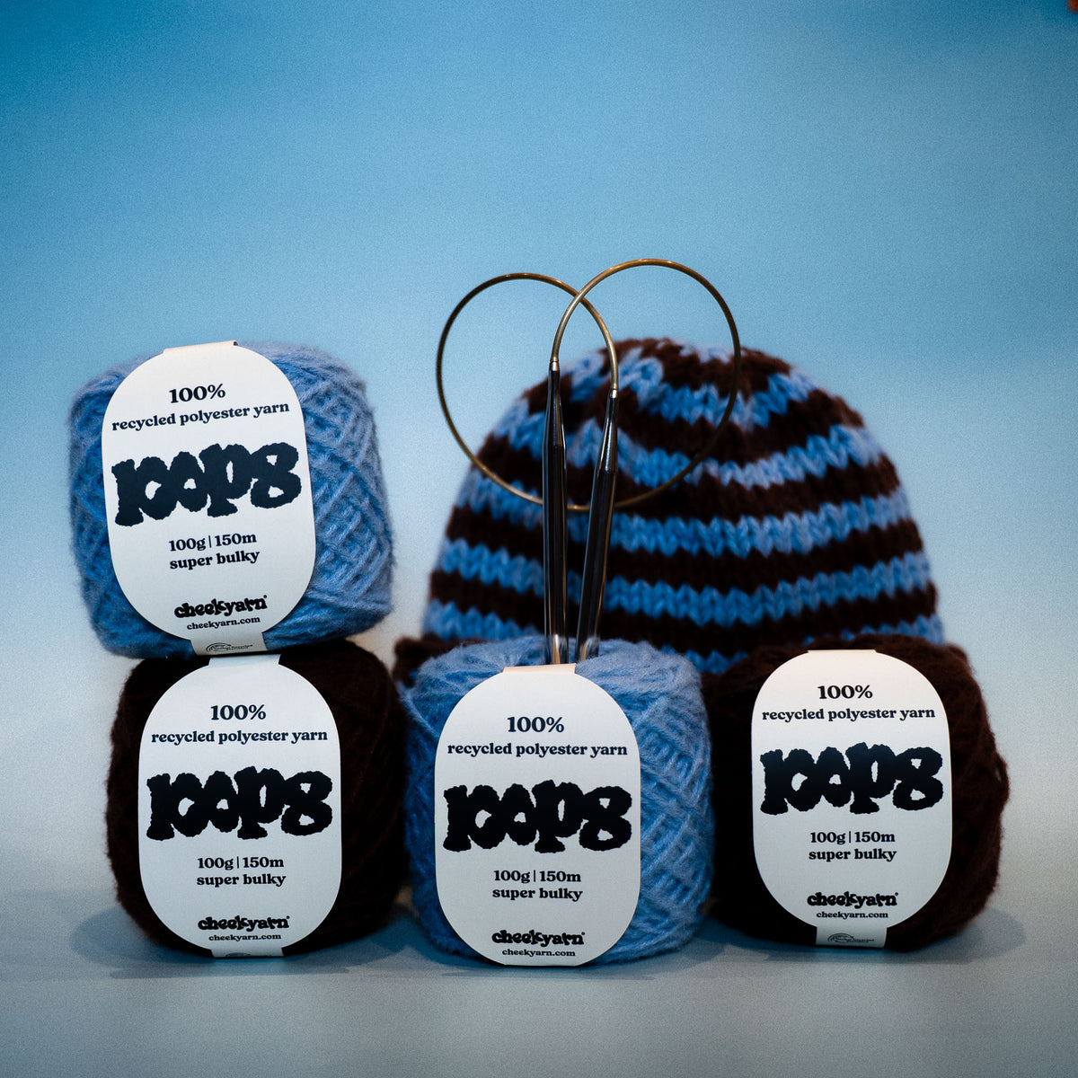 striped ennis beanie with the yarn and needles from the kit